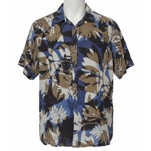 Perry Ellis Mens XL Linen‎ Cotton Tropical Leaf Print Camp Cuban Collar